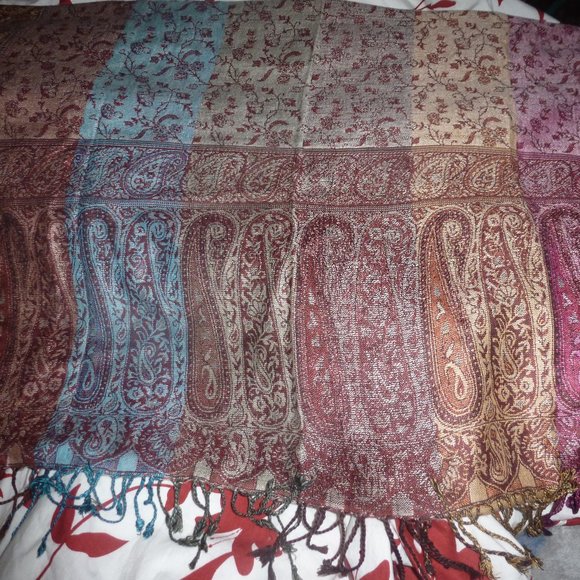 PASHMINA 100% Cashmere Burgundy /Multicolored Neck Scarf with Fringe - Picture 4 of 9